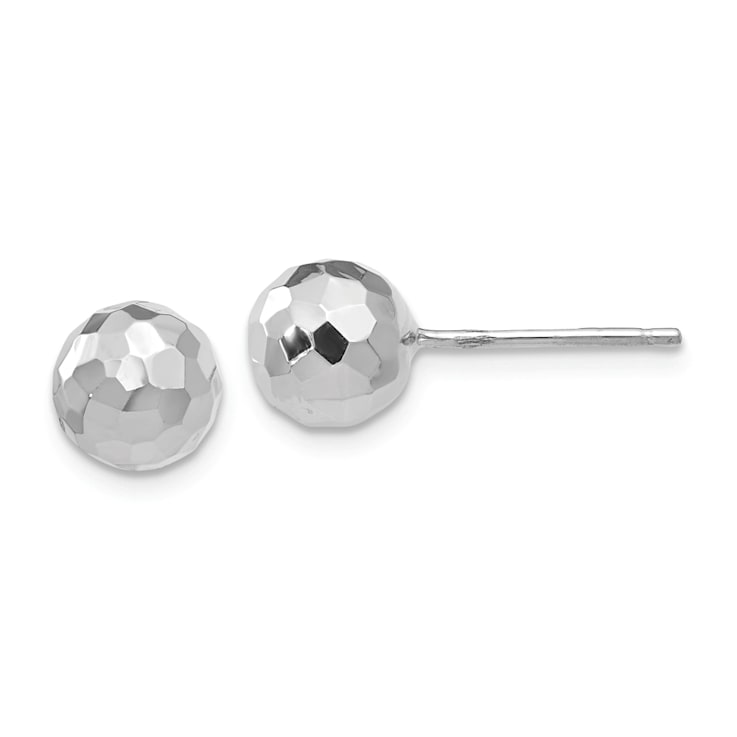 Rhodium Over 14k White Gold Polished and Diamond-Cut 7mm Ball Stud Earrings