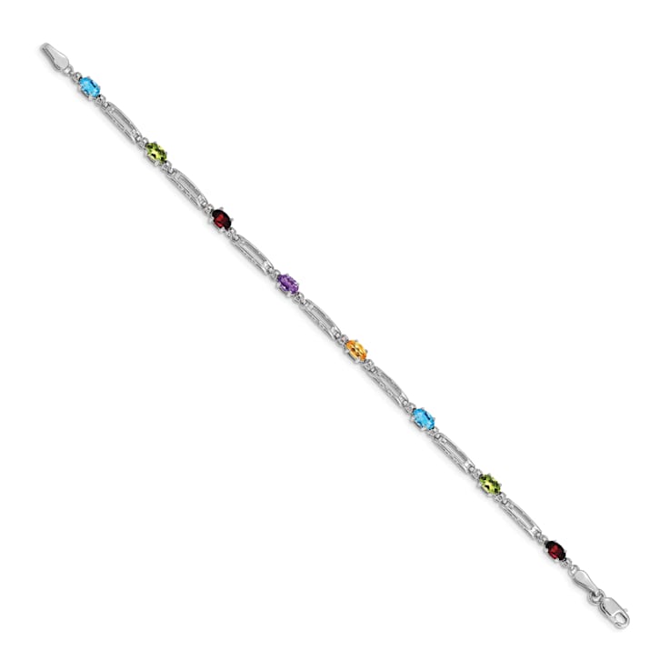 Rhodium Over 14k White Gold Multi-gemstone and Diamond Rainbow Bracelet