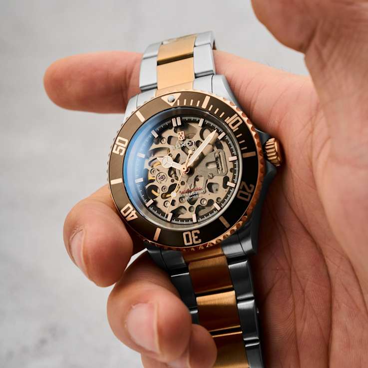 Duxot Atlantica Skeleton Diver Brown Dial Rose Bezel Two-tone Stainless
Steel Band Automatic Watch