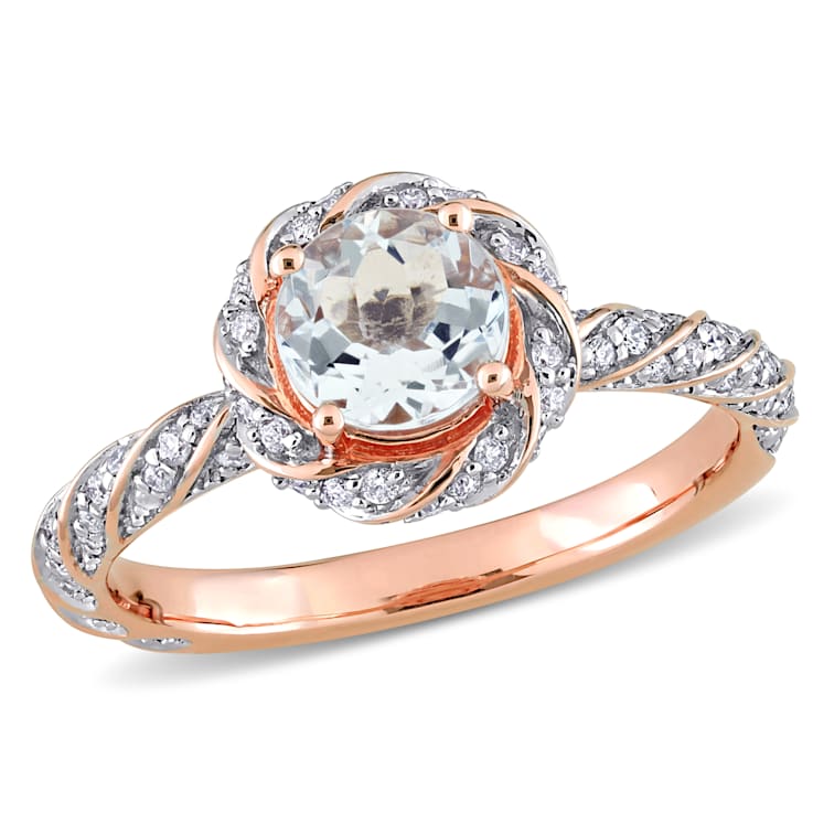 Aquamarine and Diamond 14K Rose Gold Swirl Ring 0.84ctw