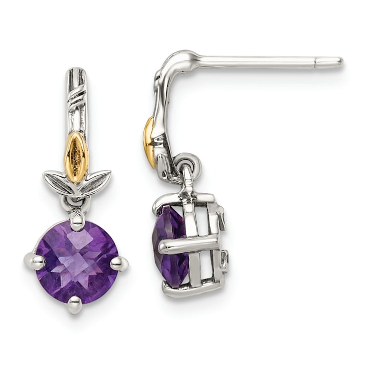 Sterling Silver Antiqued with 14K Accent Leaf Amethyst Dangle Post Earrings
