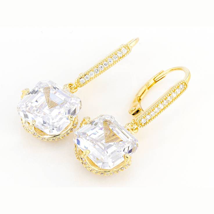 CZ Asscher Cut Dangle Earrings In 18K Gold Over Sterling Silver 17.42ctw