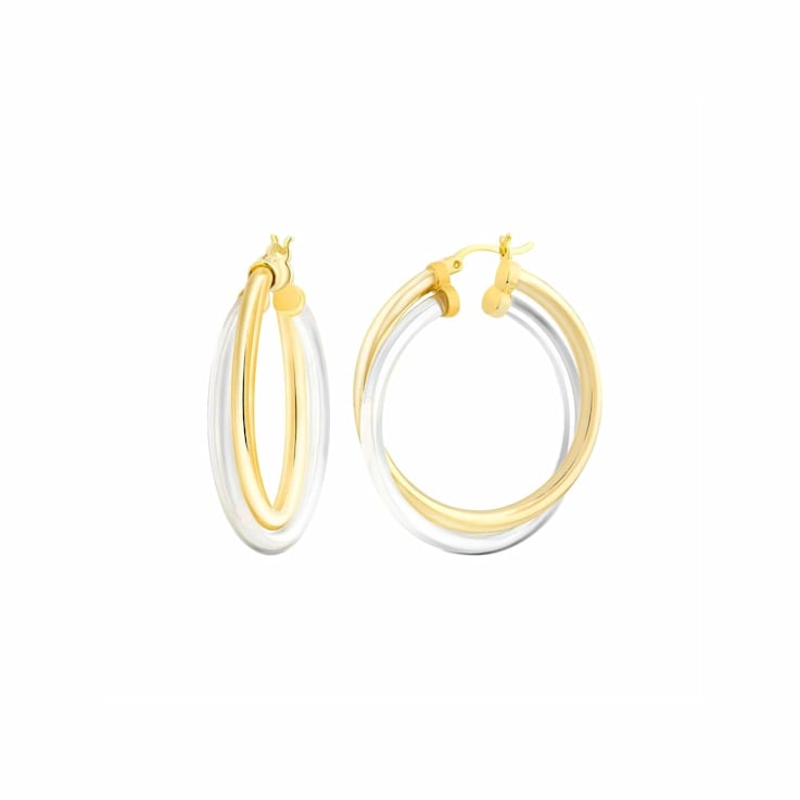 14K Yellow Gold Over Sterling Silver Acrylic Crossover Hoop Earrings in Clear