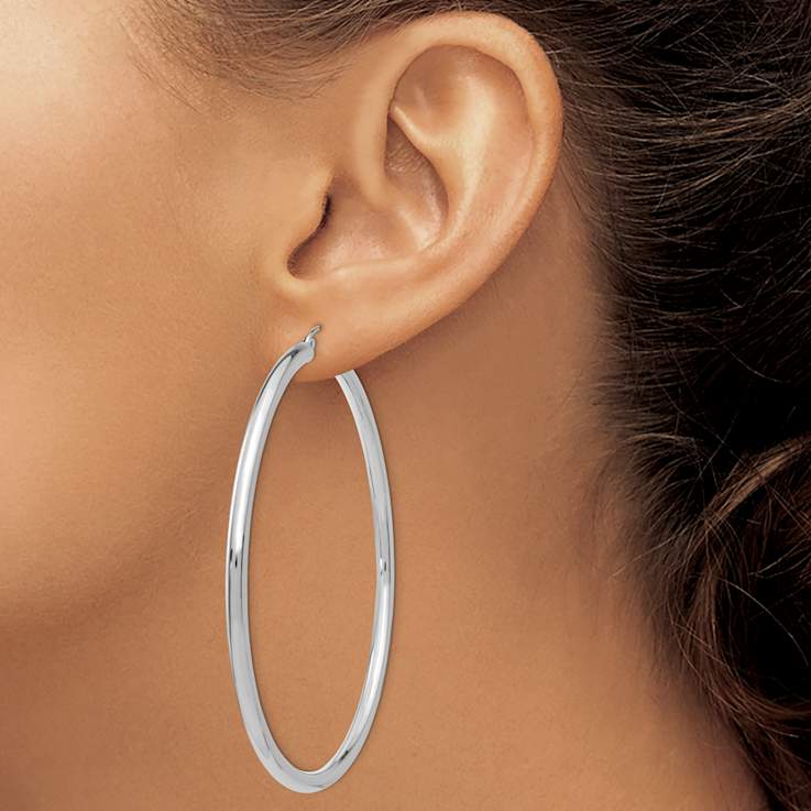 Rhodium Over 14k White Gold 2 9/16" Polished Tube Hoop Earrings