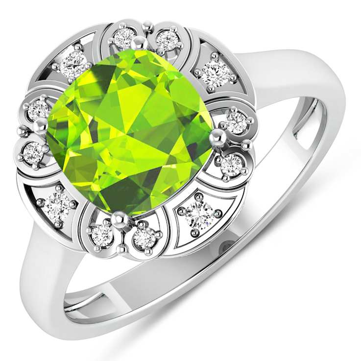 Green Peridot and White Diamond 14K White Gold Halo Ring 2.11 ctw