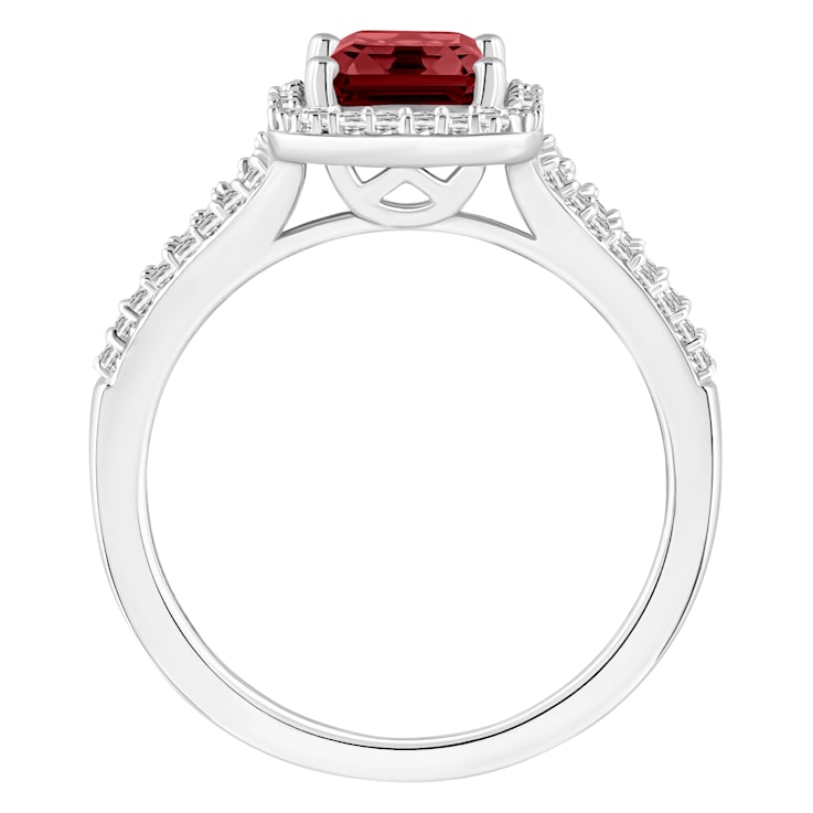 8x6mm Emerald Cut Garnet 1/4 ctw Diamond Rhodium Over Sterling Silver
Halo Ring