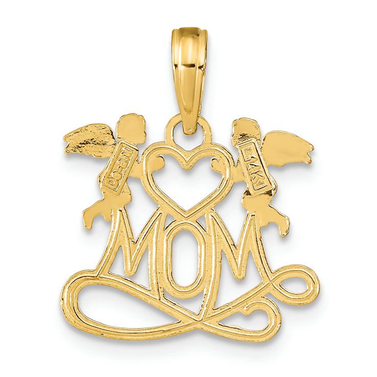14k Yellow Gold Polished and Textured Mom with Heart and Angels Pendant