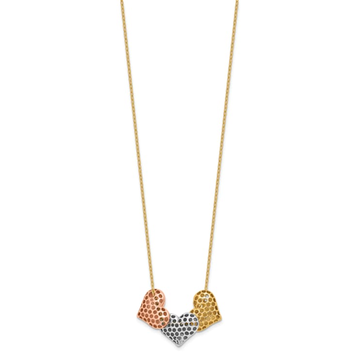14K Tri-color Polished Hearts 17-inch with 1-inch Extension Necklace