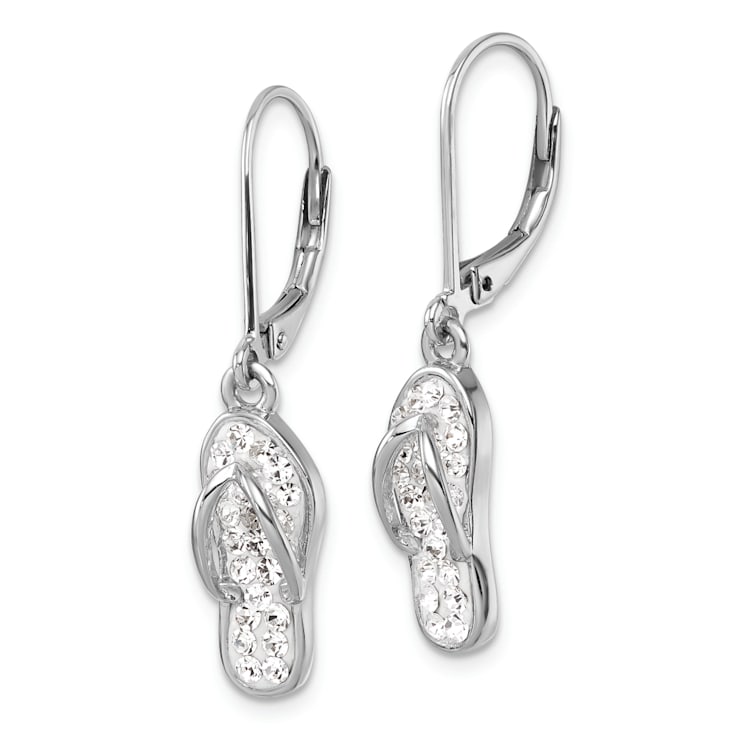 Rhodium Over Sterling Silver Polished White Crystal Flip Flop Dangle Earrings