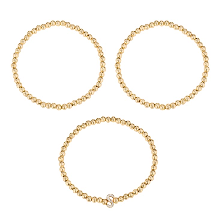 Initial S CZ Beaded Bracelet Set In 14K Gold Over Brass 0.13ctw