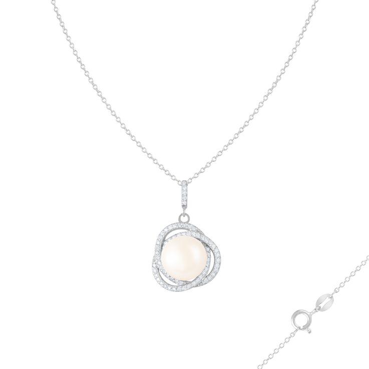 11-12mm Button White Cultured Freshwater Pearl and CZ Rhodium Over
Sterling Silver Pendant