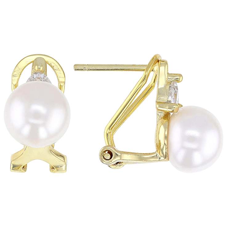 Freshwater Pearl And CZ Halo Stud Earrings In 18K Gold Over Sterling Silver
