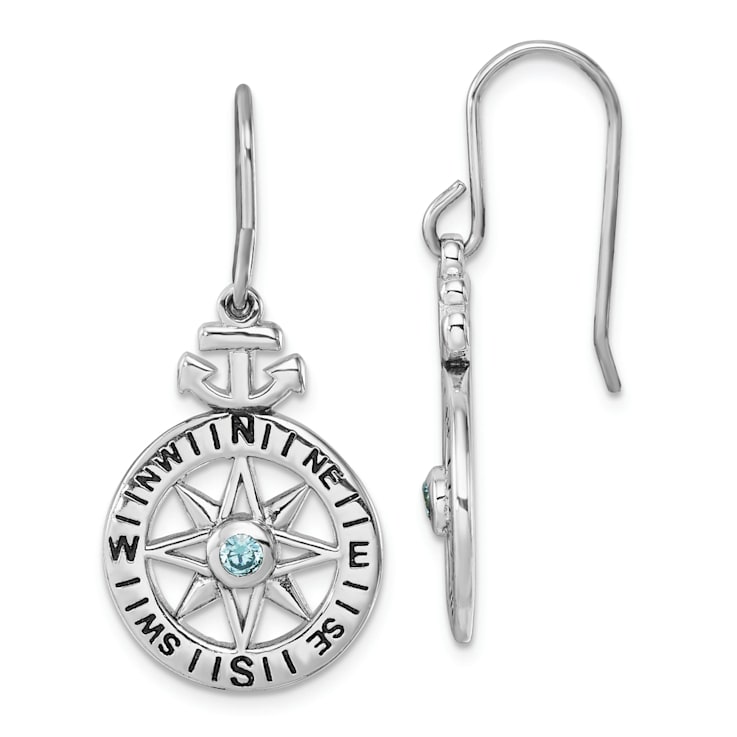 Rhodium Over Sterling Silver Polished Cubic Zirconia Compass Dangle Earrings
