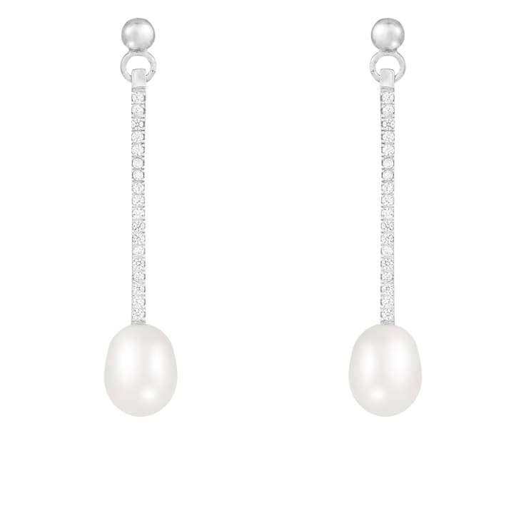 White Cultured Freshwater Pearl and Cubic Zirconia Rhodium Over Sterling
Silver 7-8mm Drop Earrings
