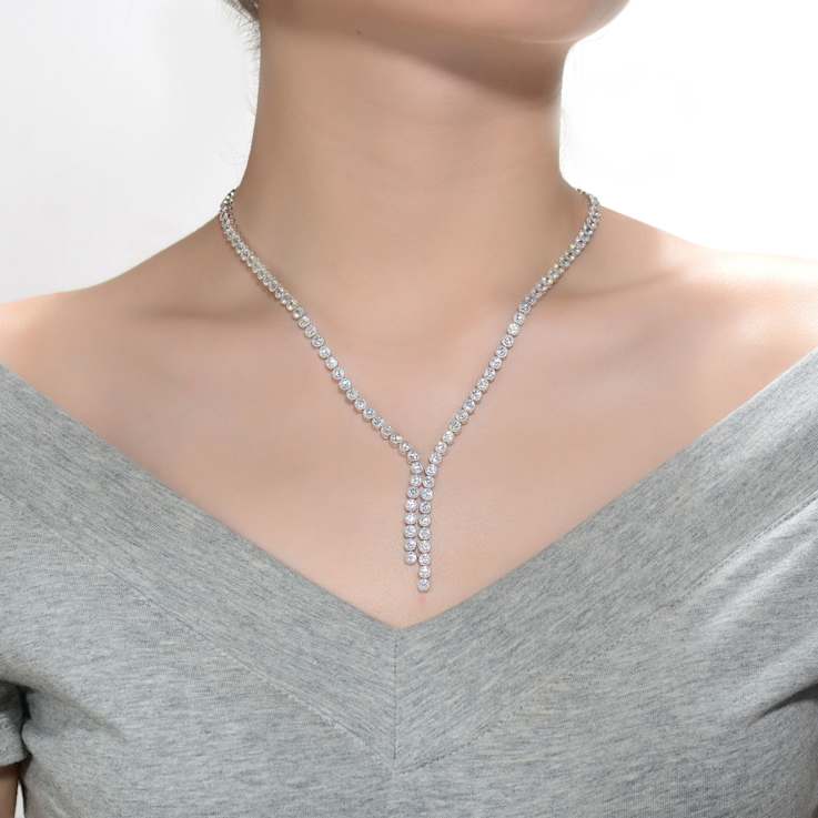 Bezel-Set CZ Tennis Necklace In White Rhodium Over Brass