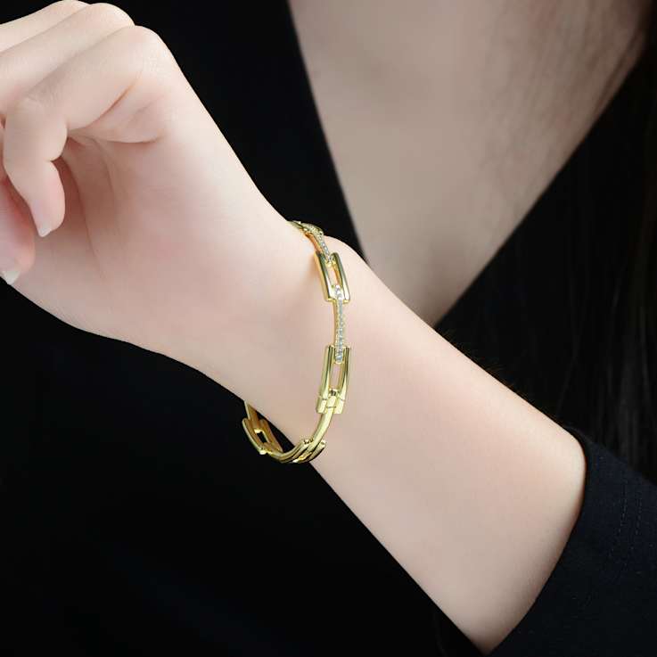 CZ Pave Rectangular Link Bracelet In 14K Gold Over Brass