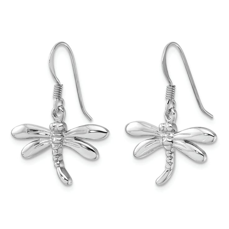 Rhodium Over Sterling Silver Polished Dragonfly Dangle Earrings