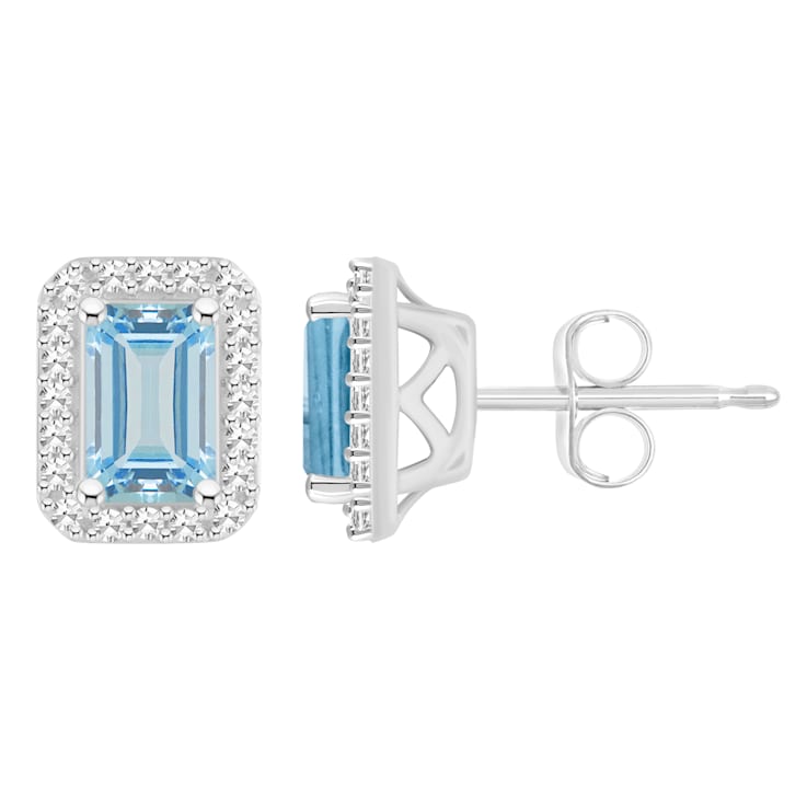 6x4mm Emerald Cut Aquamarine 1/5 ctw Diamond Rhodium Over Sterling
Silver Halo Stud Earrings
