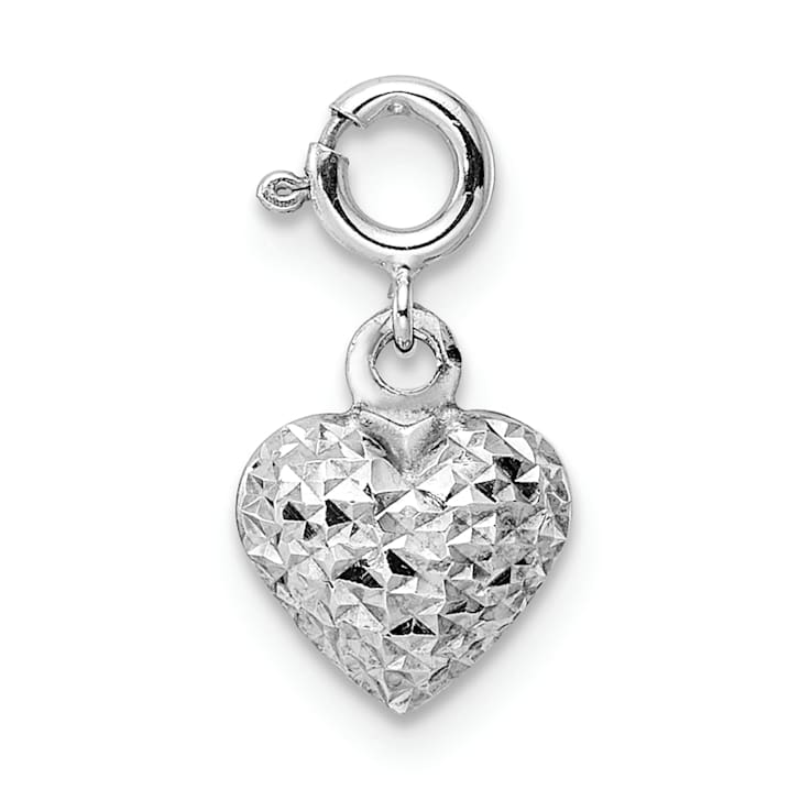 Rhodium Over 14k White Gold Diamond-Cut Heart Spring Ring Pendant