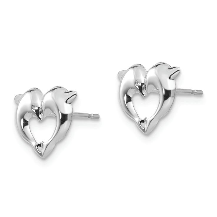 Rhodium Over 14k White Gold Children's Dolphins in Heart Shaped Stud Earrings