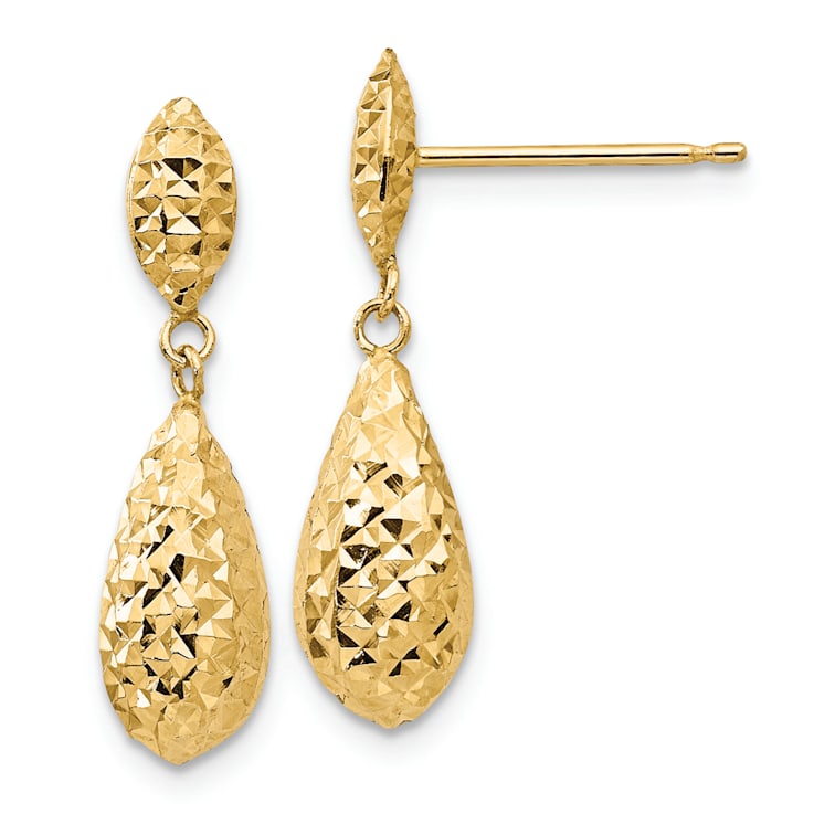 14k Yellow Gold Diamond-Cut Puff Teardrop Dangle Earrings