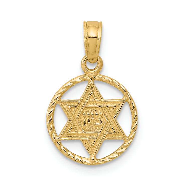 14k Yellow Gold Textured Star of David in Circle Frame Pendant