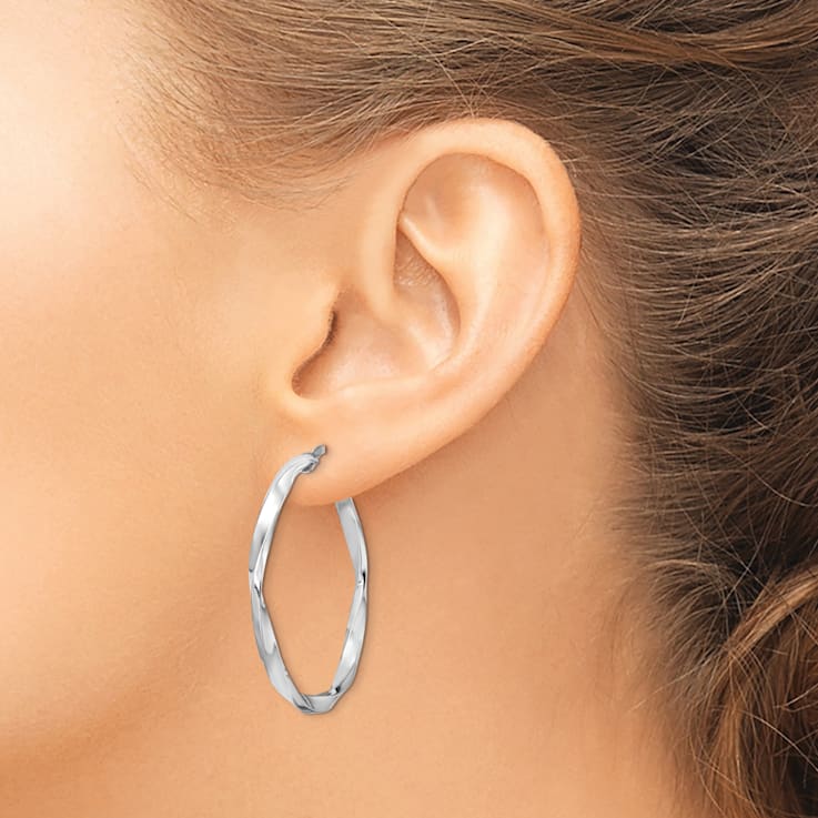 Rhodium Over Sterling Silver Polished Twisted 2.5x30mm Hoop Earrings