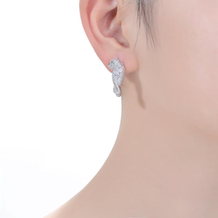 Emerald Color CZ Panther Drop Earrings In White Rhodium Over Brass
