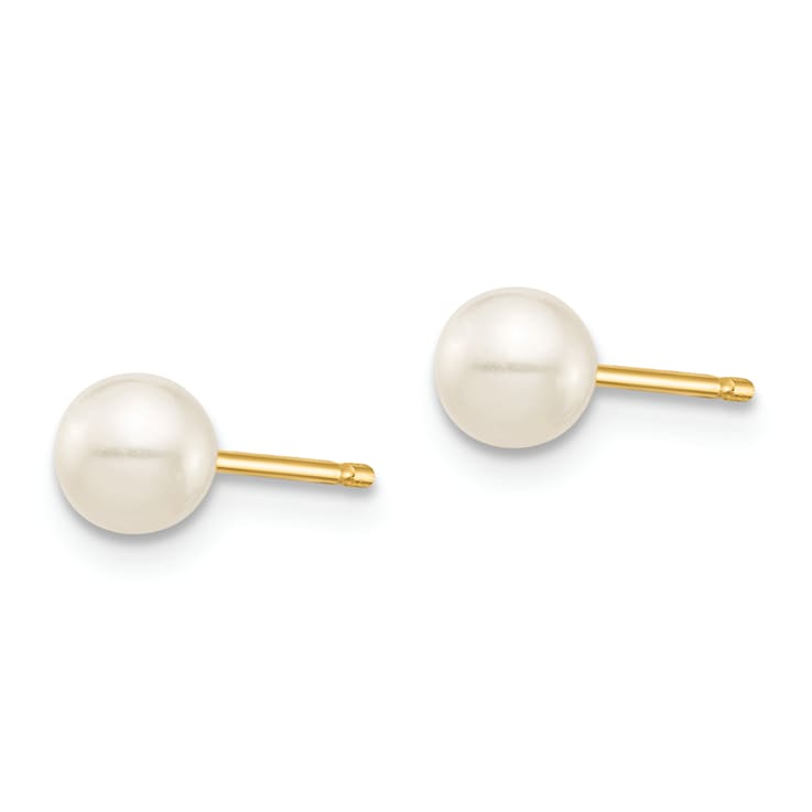 14K Yellow Gold 4-5mm White Round Freshwater Cultured Pearl Stud Post Earrings