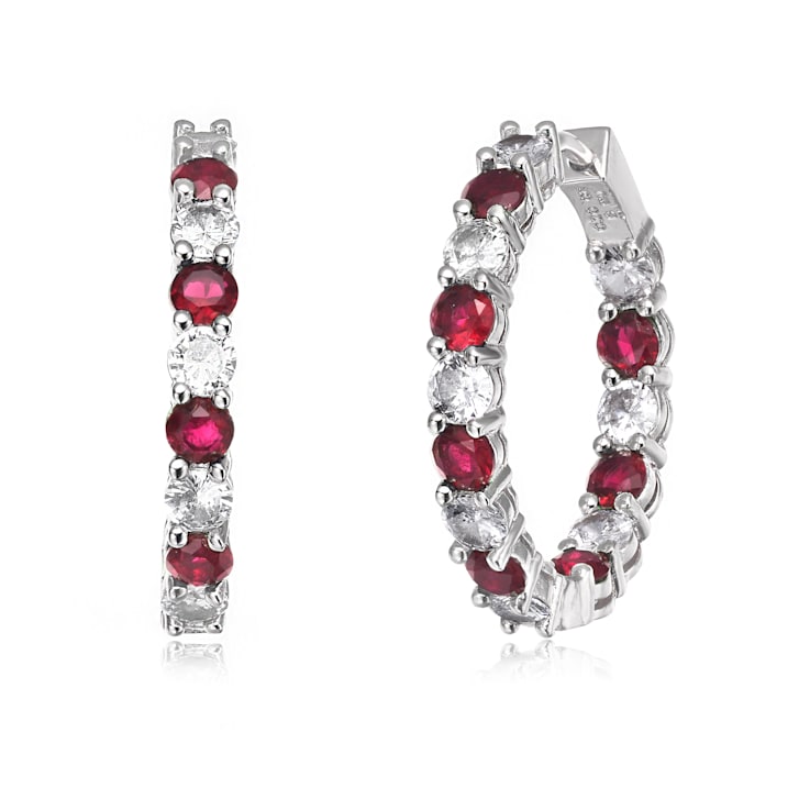 Red Color Cubic Zirconia, Rhodium White Gold Over Brass Base Inside Out
Hoop Earrings  6.9ctw