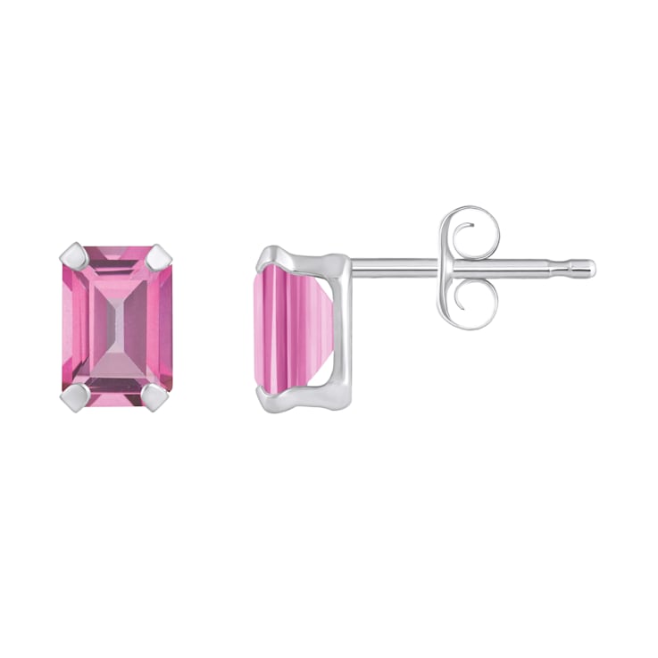 6x4mm Emerald Cut Pink Topaz Rhodium Over 10k White Gold Stud Earrings