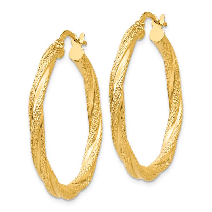 14k Yellow Gold 1 1/4" Textured Twisted Hoop Earrings