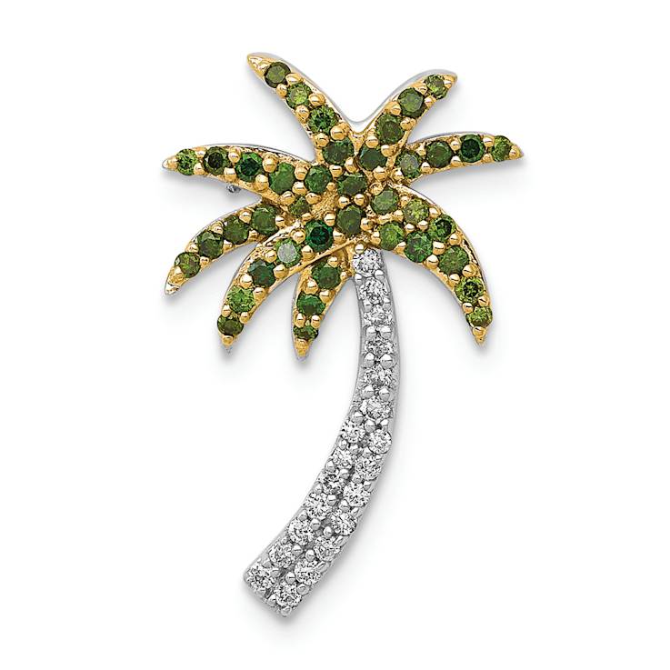 14K Two-tone Gold  White and Green Diamond Palm Tree Chain Slide Pendant