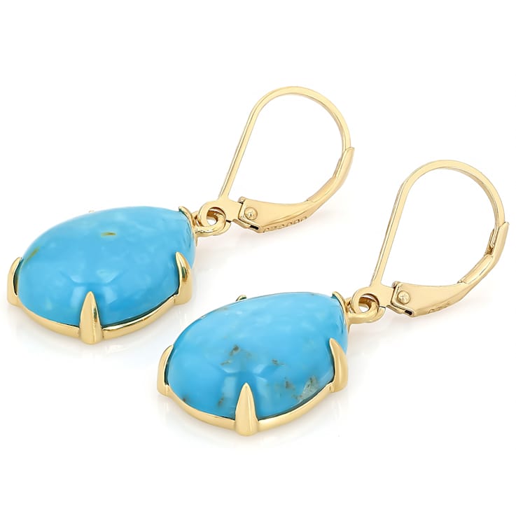 Turquoise Pear Dangle Earrings In 18K Gold Over Sterling Silver 16x12mm