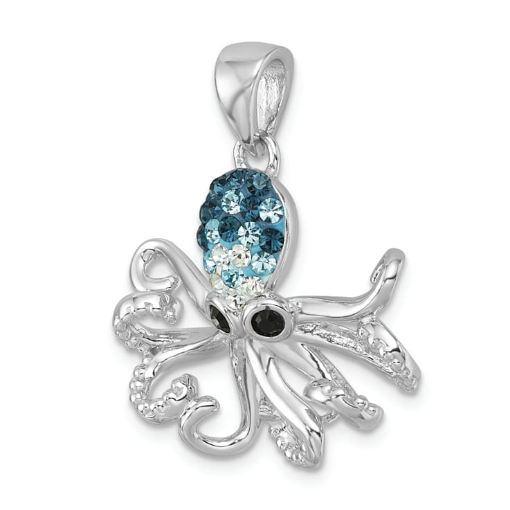 Rhodium Over Sterling Silver Polished Blue Crystal Octopus Pendant