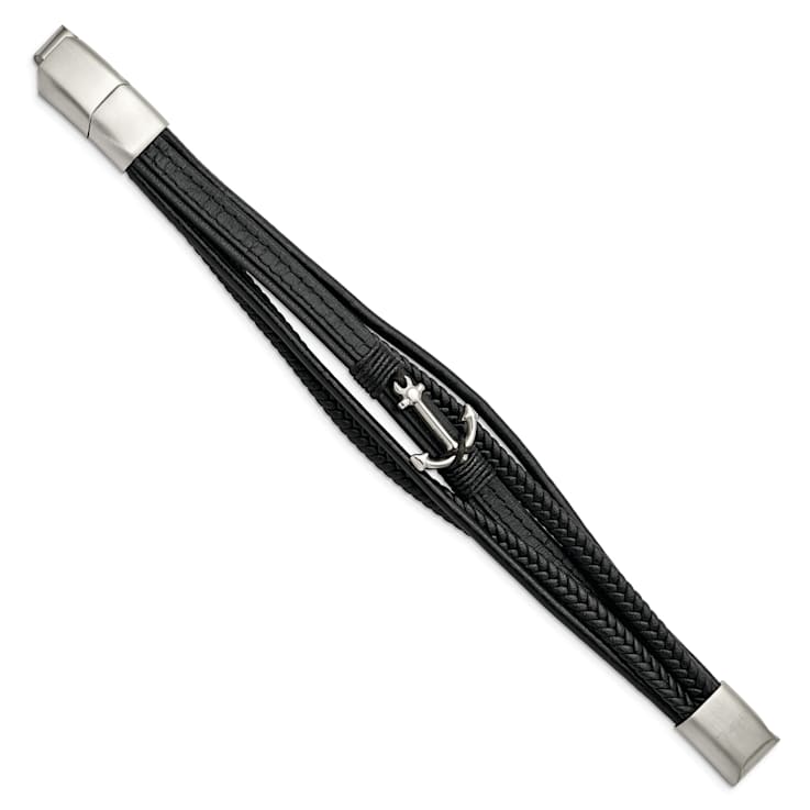 Black Leather and Stainless Steel Polished Anchor Genuine PU with
0.5-inch Extension Bracelet