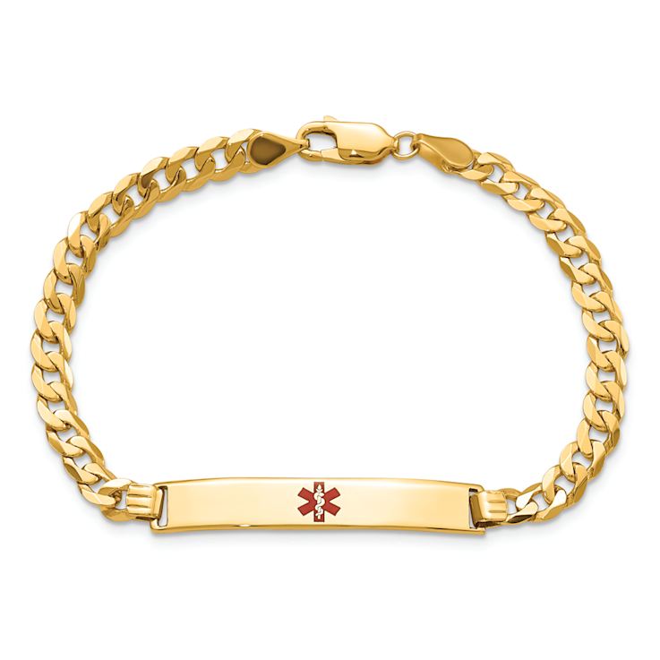 14k Yellow Gold Medical Red Enamel Flat Curb Link ID Bracelet