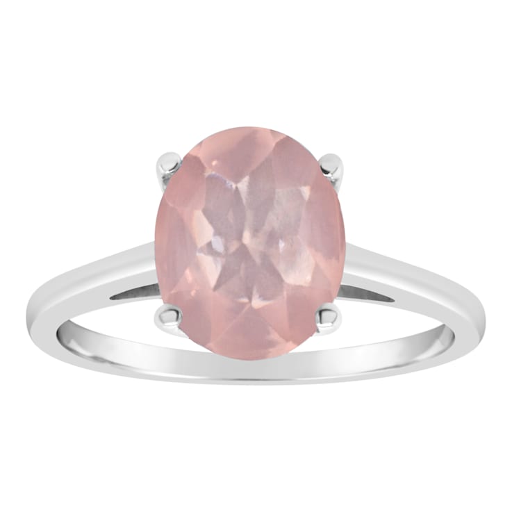 10x8mm Oval Rose Quartz Rhodium Over Sterling Silver Ring