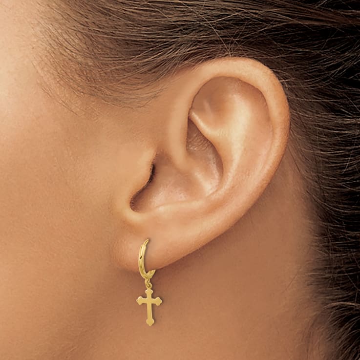 14k Yellow Gold 7/8" Hinged Dangle Cross Hoop Earrings