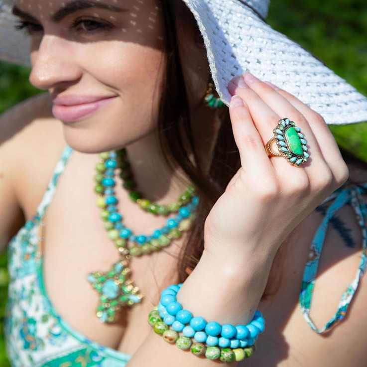 Barse Jewelry Legacy Lime Green and Blue Composite Turquoise Gold Tone
Statement Ring