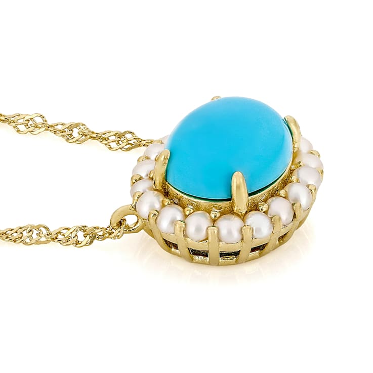 Turquoise And Cultured Seed Pearl Station Necklace In 18K Gold Over
Sterling Silver