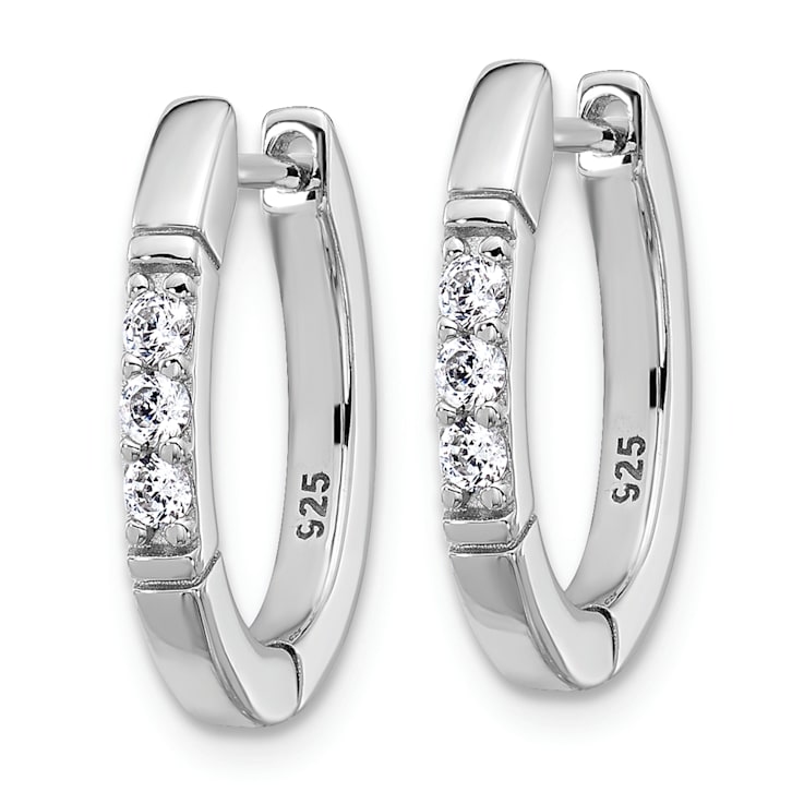 Rhodium Over Sterling Silver Polished Cubic Zirconia Oval Hinged Hoop Earrings