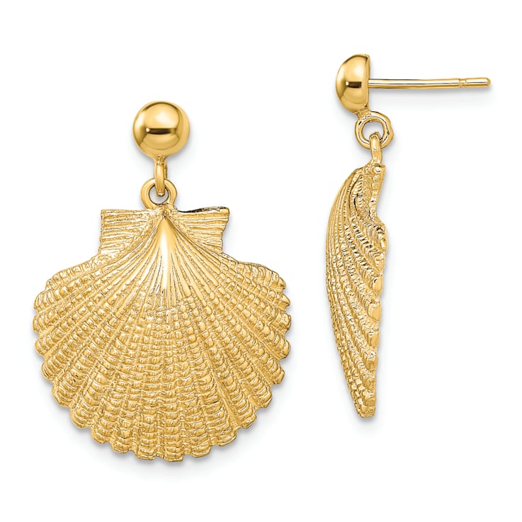 14k Yellow Gold Textured Scallop Dangle Earrings