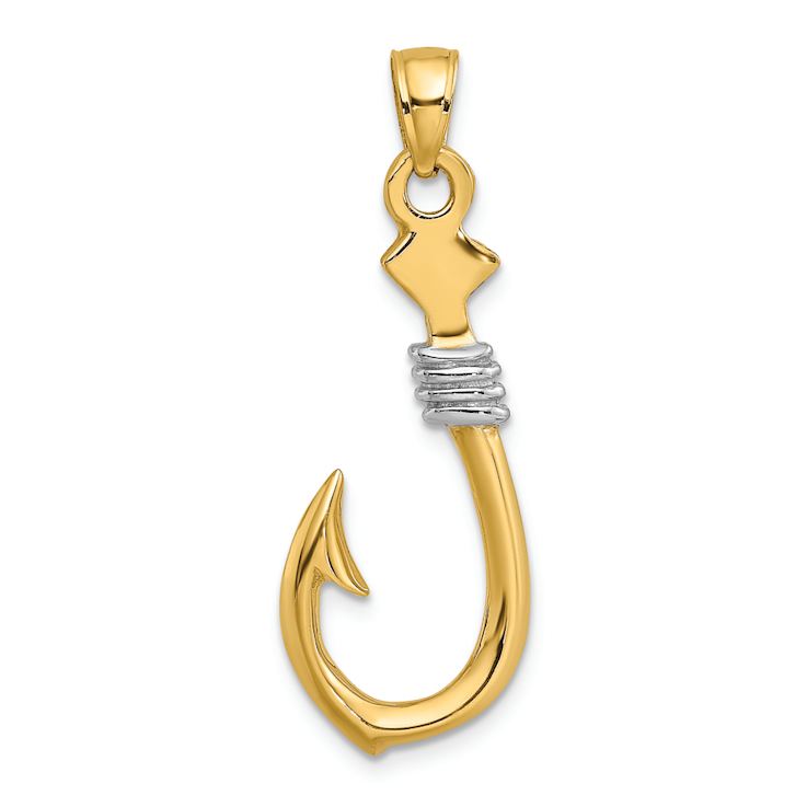 14K Two-tone Gold  3D Fish Hook with Rope Charm
