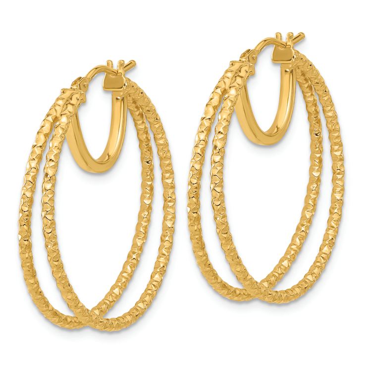 14k Yellow Gold Polished and Textured 1 3/16" Double Circle Hoop Earrings