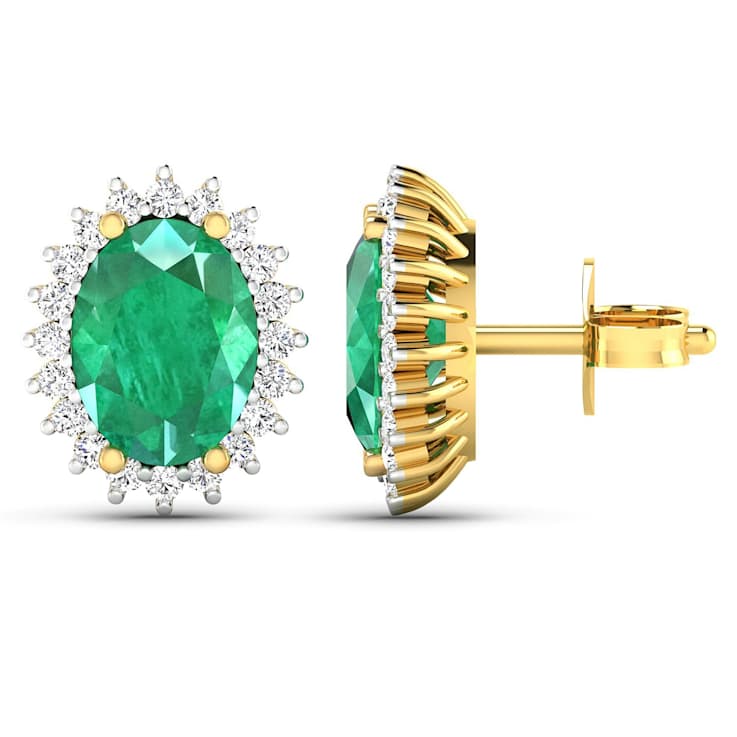 2.0ctw 14K Yellow Gold  Zambian Green Emerald and White Diamond Halo Earrings