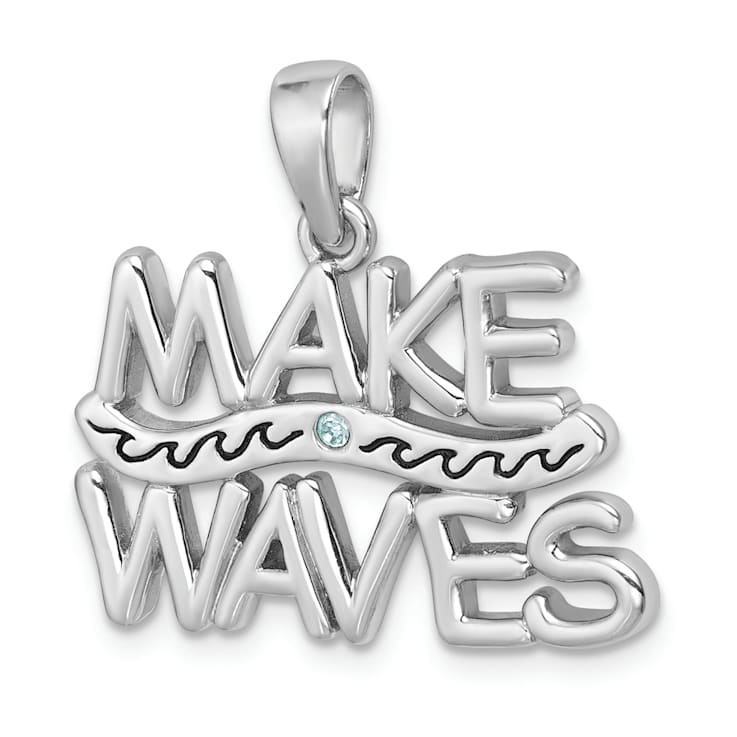 Rhodium Over Sterling Silver Polished 'Make Waves' with Crystal Pendant