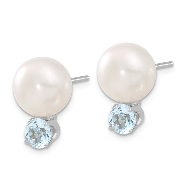Sterling Silver 10-11mm Freshwater Cultured Button Pearl with Blue Topaz Earrings