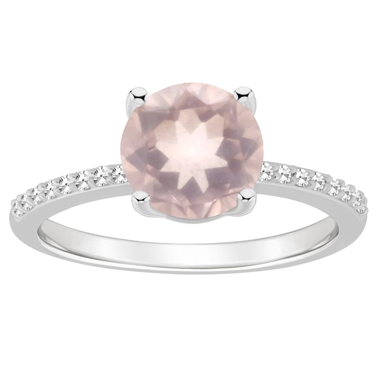 8mm Round Rose Quartz and 1/10 ctw Diamond Rhodium Over Sterling Silver Ring