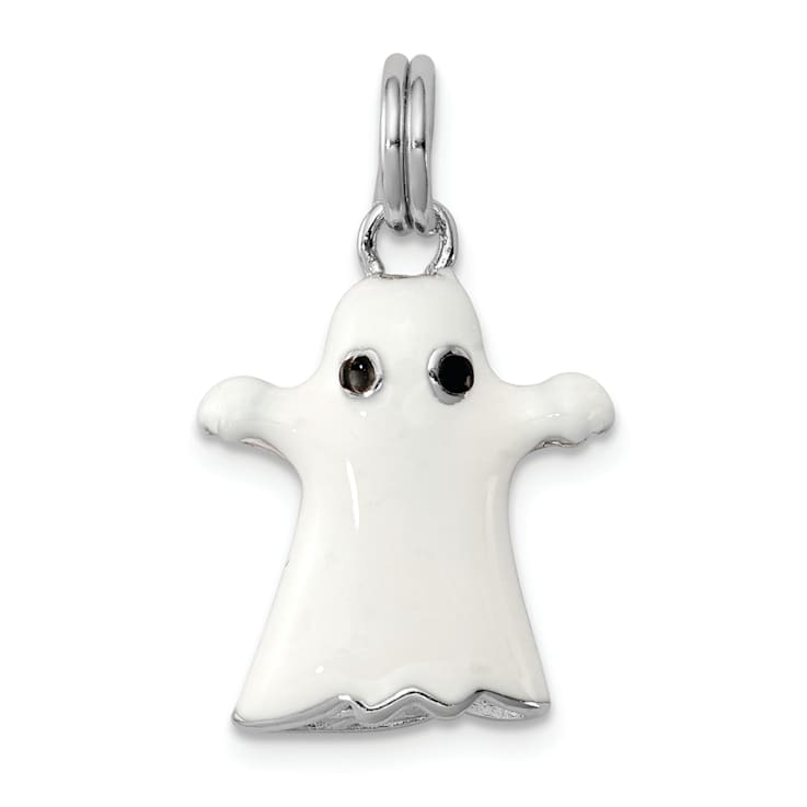 Rhodium Over Sterling Silver White Enamel Ghost Charm